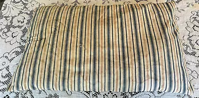 Vintage Antique Feather Pillow Brown Blue Striped Ticking Grunge Farmhouse 27x16 • $29