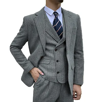 Mens 3 Piece Tweed Suit Vintage Groom Tuxedo Suit Blazer+Vest+Pant 42r 44r 46r • $71.98