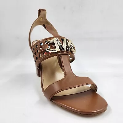 Michael Michael Kors Izzy T Strap Block Heel Sandals Women's 8.5M Luggage Buckle • $49.56