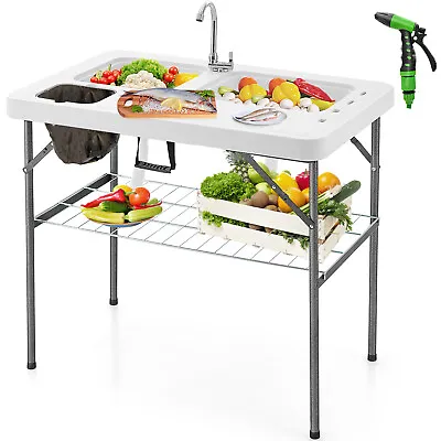 Folding 2-in-1 Fish Cleaning Table Portable Camping Table W/ Faucet White • $109.99