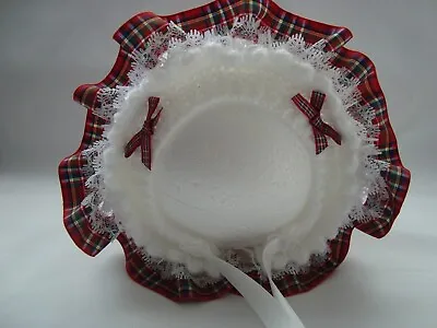 Traditional Hand Knitted Baby Bonnet With Tartan Ribbon & Lace - Newborn -24M • £7.35