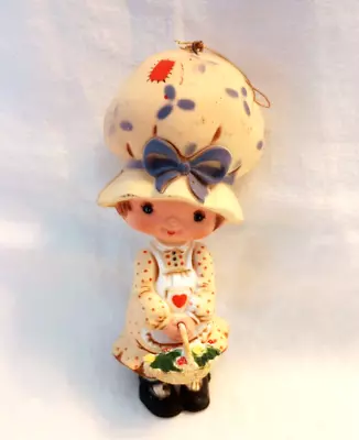 Vintage Girl Figurine Holly Hobbie Style Hard Plastic Christmas Ornament 1970s • $12