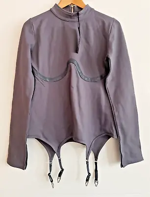Maniere De Voir Bodysuit Women's Size 16 Gray Garter Straps Long Sleeve Zip Back • $34