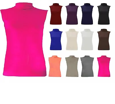 New Ladies Women Sleeveless Turtle Neck Top Roll Neck  Polo Neck Jumper 8-22 • £5.99