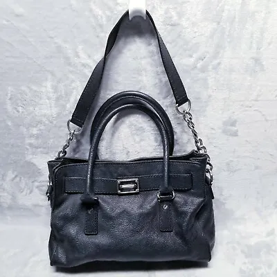 Michael Kors Medium Black Bedford Leather Convertible Handbag Purse Sliver Chain • $29.99