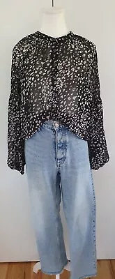 Decjuba Blouse Sz S 12 Button Through Balloon Sleeve Animal Print • $20