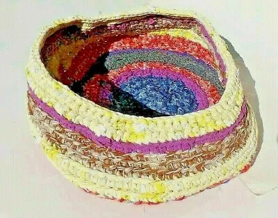 18x15x7   CROCHETED VINTAGE FABRIC RAG BASKET       By Bon88Craft • $129.50