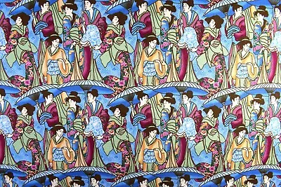 Blue Japanese Geisha Quilting Fabric Cotton Fabric - Price By The Half Metre • £8