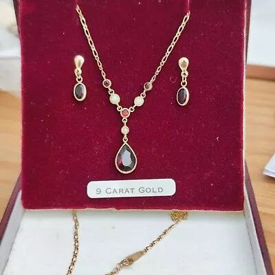 9ct Gold Vintage Necklace Garnet And Seed Pearl Lavaliere Free Earrings Pretty • £275