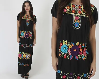 Vtg Black Heavily Embroidered Long Mexican Maxi Dress Ethnic Puebla Fiesta Party • $89.30
