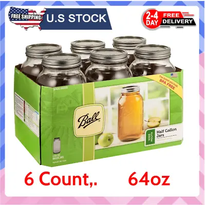 Ball Wide Mouth 64oz Half Gallon Mason Jars With Lids & Bands 6 Count - NEW • $20.39