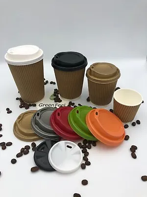 KRAFT RIPPLE PAPER CUPS Coffee Tea Hot Drinks & LIDS 100 Disposable TWO DESIGNS • £18.95