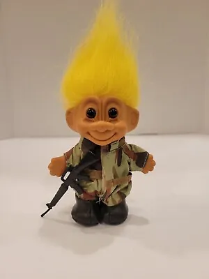 Vintage Army Military Soldier Russ Troll Doll Gun Rifle Camo Uniform Yellow Hair • $14.50