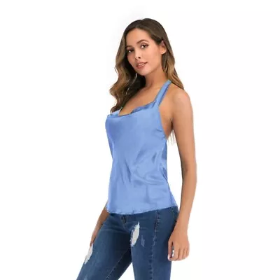 Women Tie Back Halter Top Solid Color Ruched Cowl Neck Camisole Vest • £6.54