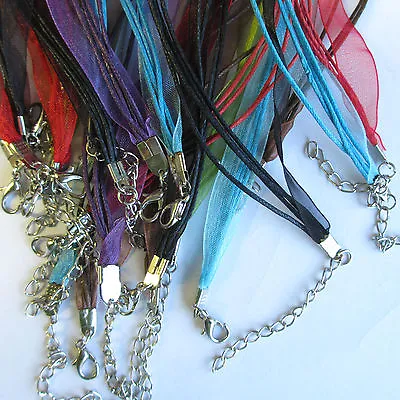 30 Lobster Clasp Organza Ribbon Waxed Cord String Necklaces 18.5  Mixed Colours • £5.99