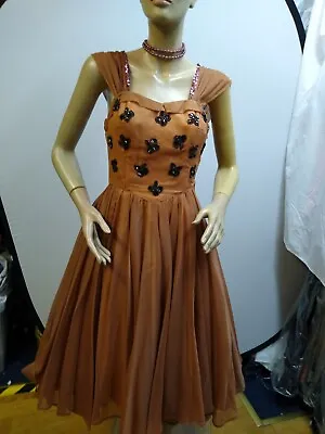 1950s  Vintage Coffee Chiffon Party Cocktail Dress • £80