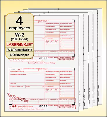 2022 IRS Tax Form W-2 Wage Stmts 4 Employees LASER + (1)W3 #W2TRADS605 - NO Env • $10.60