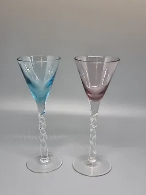 🌟2 X Twisted Stem Coloured Glass Cordial Glasses Blue And Purple Height 5.5 🌟 • £8