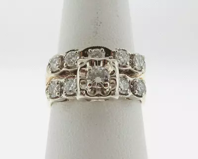 Vintage Estate Genuine 1.00cttw Diamonds Solid 14k Gold Wedding Ring Set FREE Sz • $1995