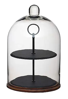 Artesa 2 Tier Wood Slate & Glass Dome Cake Centrepiece Serving & Display Stand • £55.95