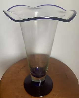 Hand Blown Flower 11.5  Vase  Tall Mexico Tavern Glass Cobalt Blue Scalloped • $50