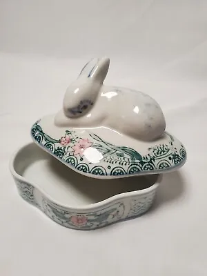 Vintage Bunny Rabbit Small Trinket Box Porcelain Blue White Lidded Jewelry Box • $23.60