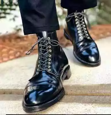 Goodyear Welted Genuine Black Leather Cap Toe Formal Lace Up Dress Boots For Men • $219.99