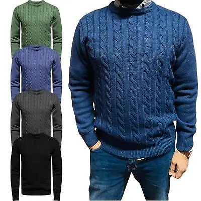 Mens Chunky Cable Knitted Jumper Crew Neck Pullover Jumper Thick Warm Sweater • £11.99