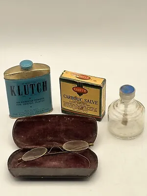 Vintage Decor Item Lot Carbolic Salve Box Klutch Tin Glue Bottle Glasses • $24.19