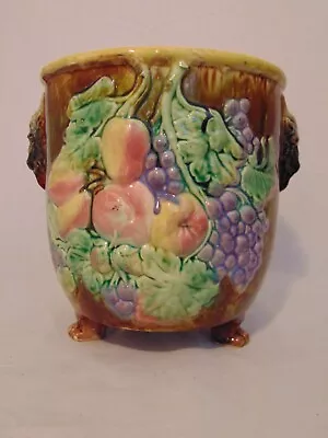 19th C English Majolica Art Pottery Jardiniere Planter Fruit Ram Head Handle Pot • $225