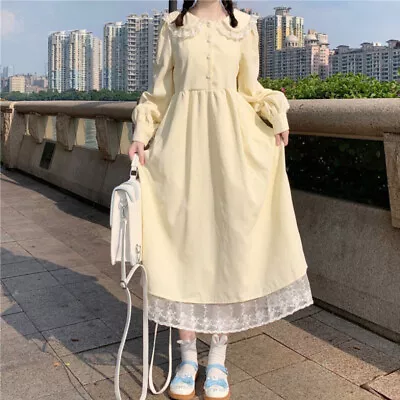 Japanese Women A-line Pullover Long Dress Lace Doll Collar High Waist Mori Girls • $33.47