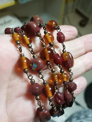 Vtg Antique Brown Art Glass Painted Bead Necklace Millefiori Wire Link 38  Long  • $15