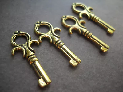 10 Skeleton Key Charms Pendants Antiqued Gold Steampunk Supplies Set 25mm • $3.49