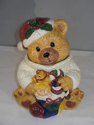 Large Vintage Ceramic Christmas Teddy Bear W/Toys Cookie Jar/Jay Import 1996 • $28.99