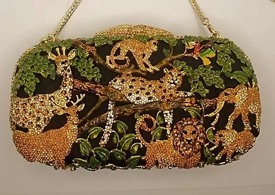 Designer Clutch Vintage Rhinestone Crystals Jungle Animals Evening Bag With Tag  • $250