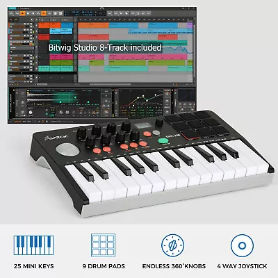 Asmuse Bluetooth MIDI Keyboard DJ Controller 25 Key 9 Backlit Drum Pads 8 Knobs • $67.25