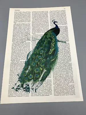 Vintage Book Page Art Print Peacock Blue Green Delicate Feathers • $10