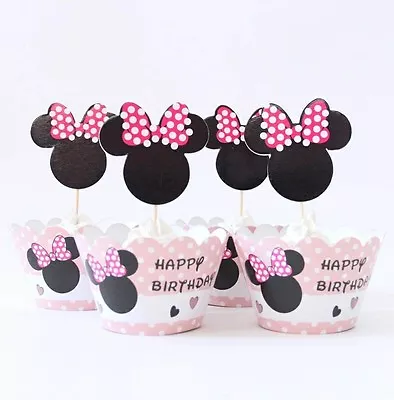 48 Pcs 24 Minnie Mouse Cupcake Wrappers & 24 Toppers Kids Birthday Party Supply • $10.99