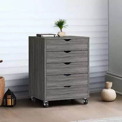 5 Drawer Wooden File Cabinet Chest Mobile Organizer Office Gray • $62.88