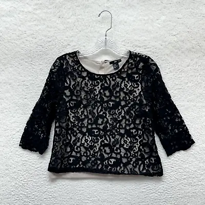 H&M Lace Top XS S Small Black Mesh 3/4 Sleeve • $13.60