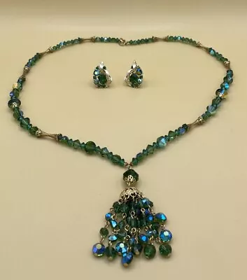 Vintage Lisner Necklace & Earring Set. Green Borealis Mid Century • $59.99