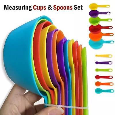 Multi-Color Measuring Cups And Spoons 12 Piece Set Plastic Cooking Kitchen Tools • $9.99