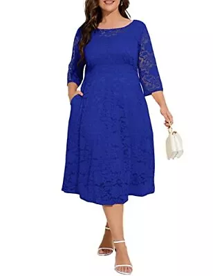 Lrady Women Floral Lace 3/4 Sleeve Swing Midi Dress With Pockets Blue 4X-Large • $7.99