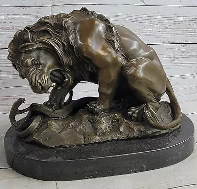 Bronze Sculpture Statue Lion Vs Snake GORGEOUS REAL Marble Base Barye Gift NR • $209.40