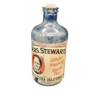 Vintage Mrs Stewart's Liquid Bluing Bottle 10 Oz. Bottle Label Mostly Intact  • $14.97