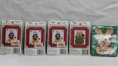 5 Vintage Christmas Ornament Counted Cross Stitch Kits NOS Kitty Lion Lamb Deer  • $10.40
