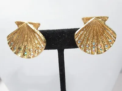 Signed Vintage Clamshell Shell Shape  W Crystals Kirks Folly Clip On Earrings • $29