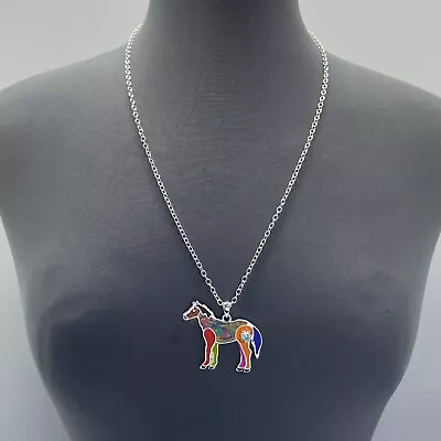 Silver Tone Metal Multi Colored Animal Horse Mustang Design Pendant Necklace • $10.99