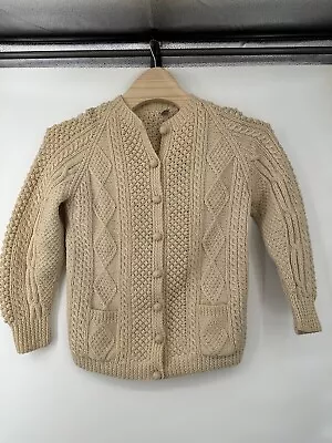 Vtg Wool Fisherman Cable Knit Off White Adult Large Thick Cardigan Sweater • $56