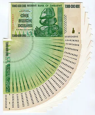Zimbabwe 1 Billion Dollars X 25 Pcs AA 2008 P83 Consecutive UNC Currency Bills • $871.09